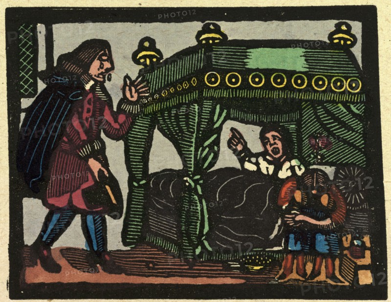 illustration of English tales, folk tales, and ballads. A man in tears being addressed by a woman from a canopied bed