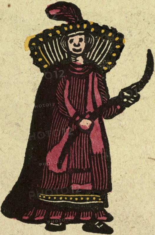 illustration of English tales, folk tales, and ballads. A woman wearing a red dress