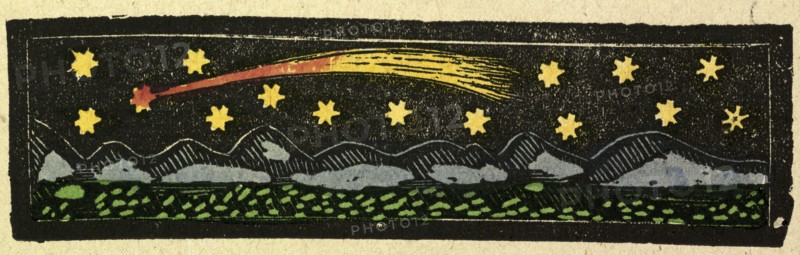 illustration of English tales, folk tales, and ballads. A shooting star over a range of mountains