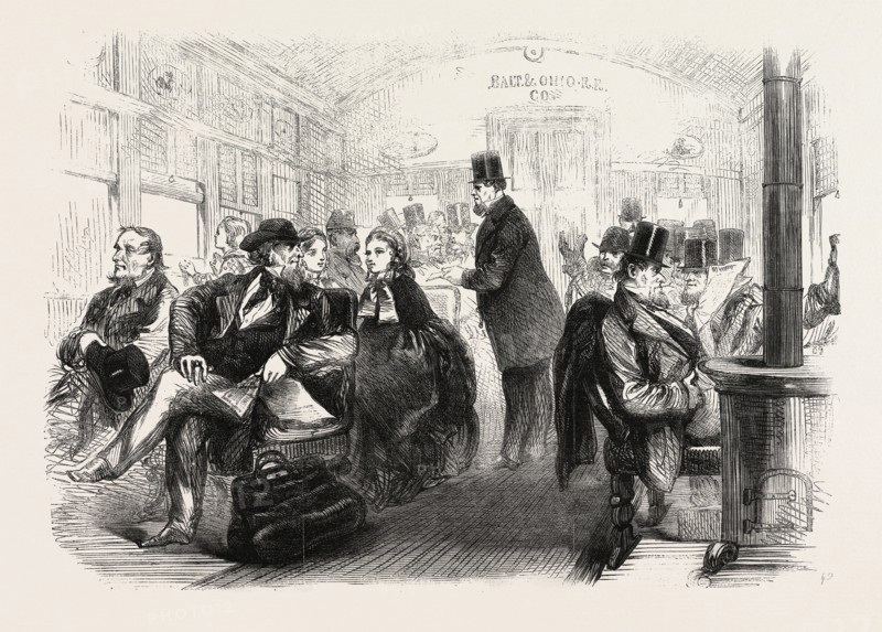 INTERIOR OF AN AMERICAN RAILWAY CARRIAGE, 1861