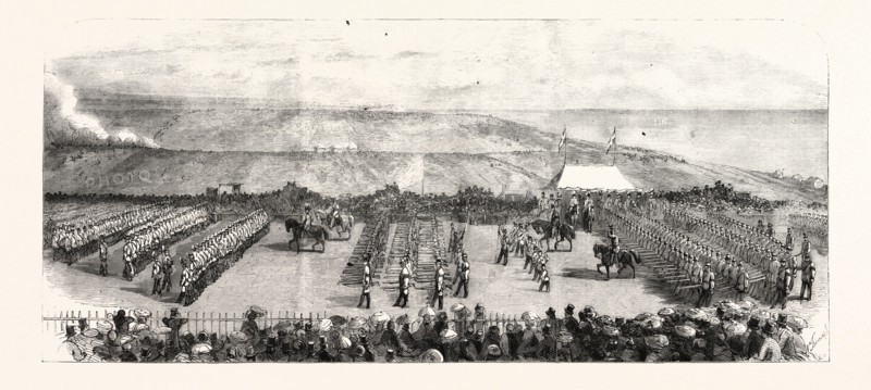 THE VOLUNTEER SHAM FGHT AT BRIGHTON ON EASIER MONDAY: VIEW FROM THE GRAND STAND, THE TROOPS MARCHING PAST