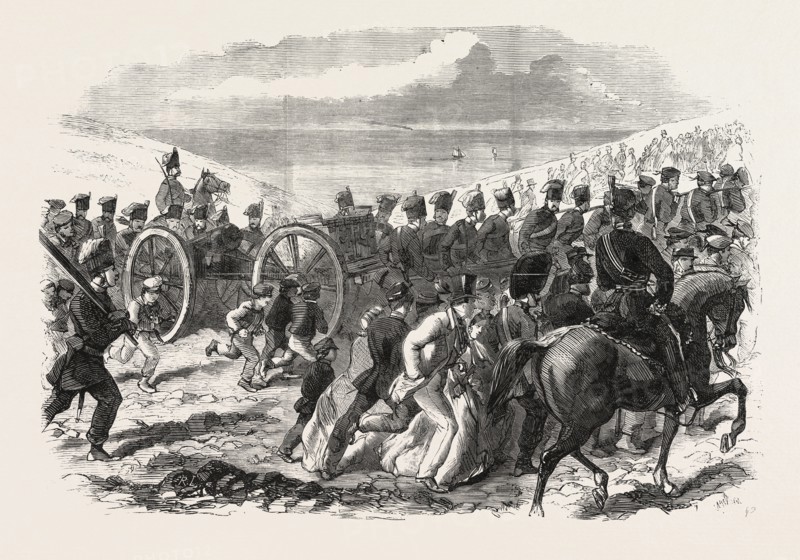 THE VOLUNTEER SHAM FIGHT AT BRIGHTON ON EASTER MONDAY: THE SUSSEX ARTILLERY ASCENDING THE DOWNS
