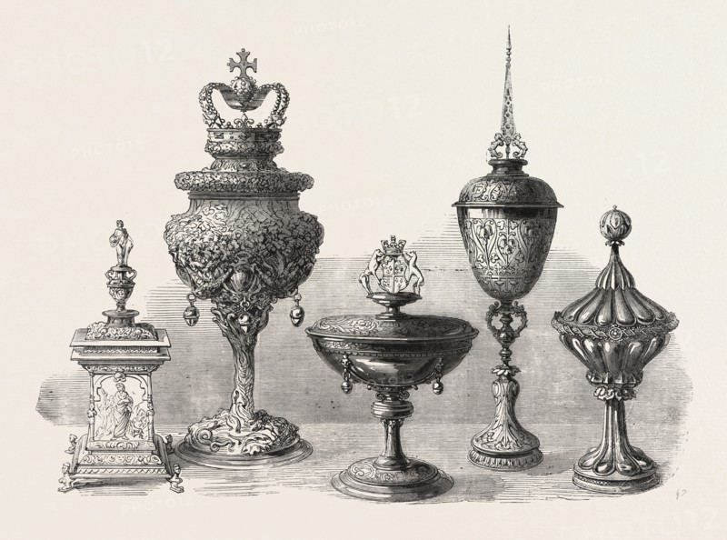 OBJECTS OF ART AND ANTIQUITY EXHIBITED AT IRONMONGER'S HALL: VINTNER'S SALT-CELLAR (LEFT), ROYAL OAK GRACE-CUP (SECOND FROM LEFT), BARBER-SURGEON'S CUP, PRESENTED BY HENRY VIII (CENTRE), CARPENTERS' CUP (SECOND FROM RIGHT), ARMOURERS' CUP (RIGHT)