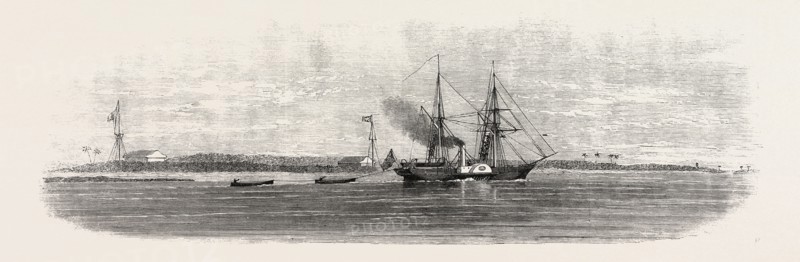 DR. LIVINGSTONE'S EXPEDITION: THE PIONEER, WITH THE BOATS OF THE SIDON IN TOW, ENTERING THE KONGONE RIVER.