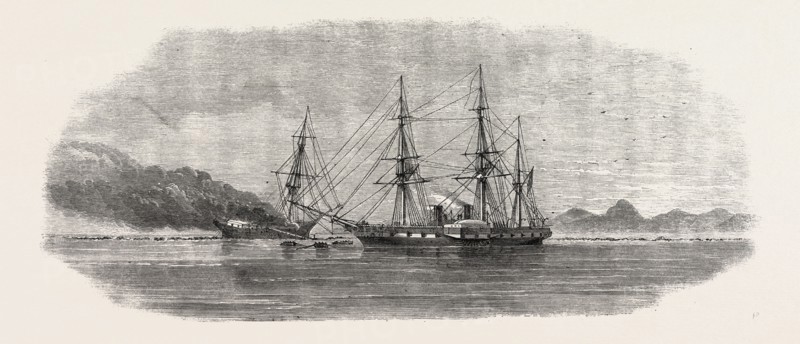 H.M.S. SIDON DESTROYING THE ENCHANTRESS, WRECKED ON A REEF OFF THE MAYOTTA ISLAND