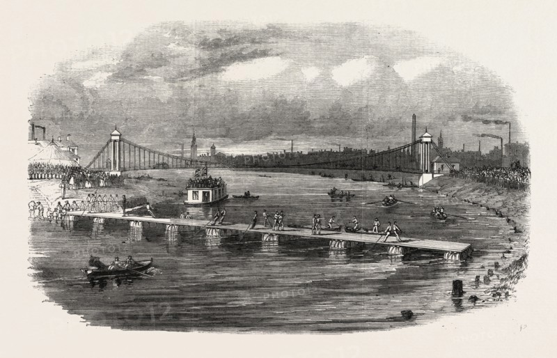 VOLUNTEER MILITARY ENGINEERS AT GLASGOW CONSTRUCTING A PONTOON BRIDGE ON THE CLYDE, UK