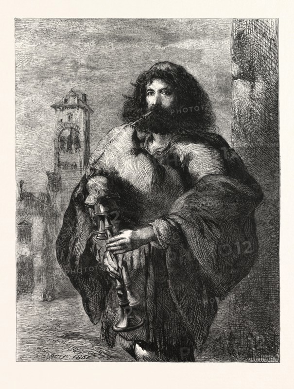 A ROMAN BAGPIPER, BY J. GILBERT, IN THE EXHIBITION OF THE WATER-COLOUR SOCIETY