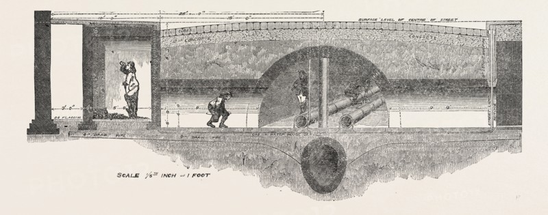 NEW SUBWAY, KING STREET, COVENT GARDEN, LONDON: CROSS SECTION, SHOWING THE SUBWAY AND THE SEWER BENEATH, UK