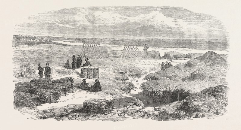 ARAB TABIA, SILISTRIA. On the left, in the distance, is the Medjidie Tabia, the Danube in front, and the plains of Wallachia in the distance. The holes in the sides of the earth-work are made to contain as much of a man's body as he can stuff in to avoid the bursting shells. 1854