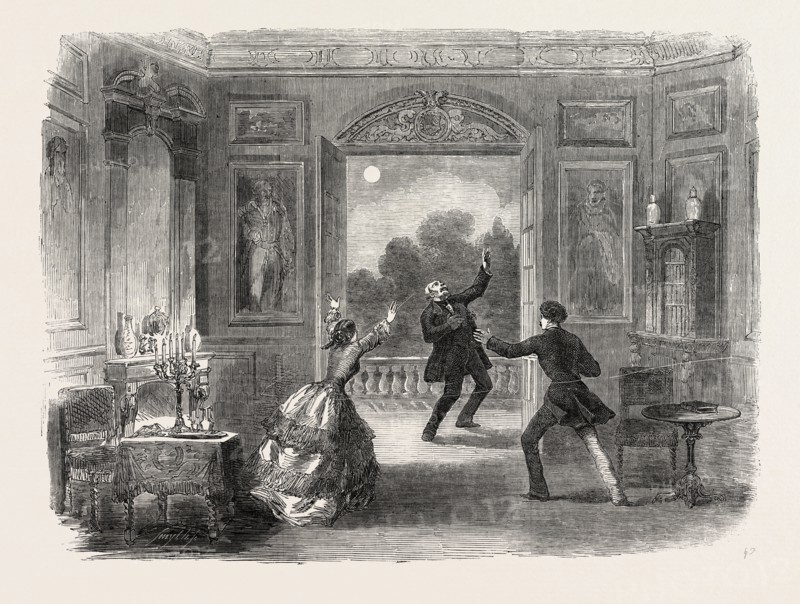 SCENE FROM THE NEW DRAMA OF THE OLD CHATEAU, AT THE HAYMARKET THEATRE, LONDON, UK, 1854