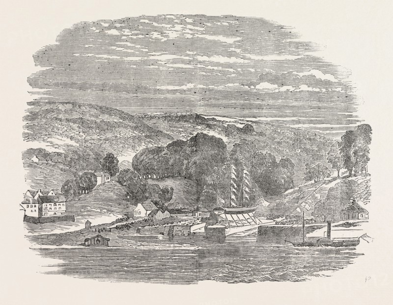 LAUNCH OF THE ALLEN GARDINER MISSION VESSEL, 1854. She is a fine schooner of 11 tons, built expressly for a stormy sea and rocky coast; and is intended for a Christian mission to the aboriginal natives of South America, under the direction of the Patagonian Missionary Society