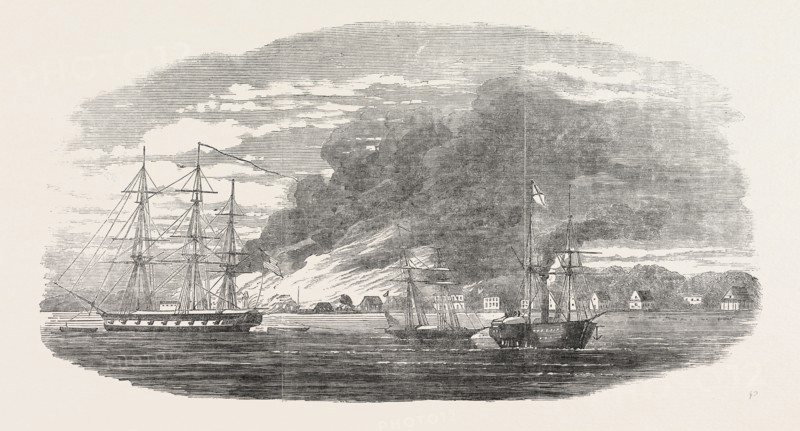 The burning of Greytown by the U.S. corvette Cyane, 20 guns, Captain Hollins, which has been perpetrated for the most part on defenceless Indians. 1854