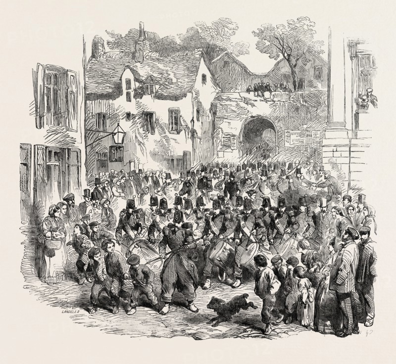 THE 5TH (FRENCH) REGIMENT OF THE LINE PASSING THROUGH THE PORTE DES DUNES, ON THEIR WAY TO THE CAMP OF BOULOGNE, 1854