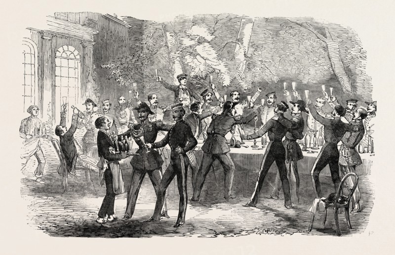 FRATERNIZATION OF THE BRITISH HORSE GUARDS AND THE FRENCH CENT GARDES, AT BOULOGNE, DRINKING HER MAJESTY'S HEALTH. 1854