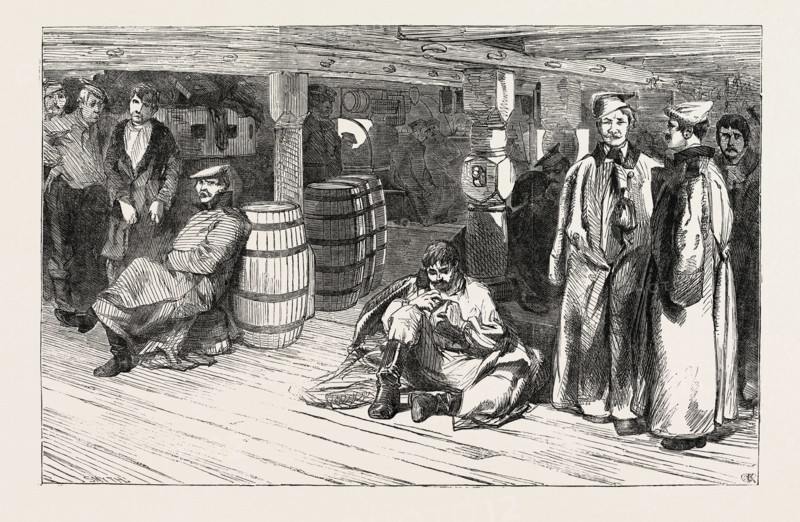 RUSSIAN PRISONERS AT SHEERNESS: THE DEVONSHIRE., RUSSIAN PRISONERS BETWEEN DECKS, 1854
