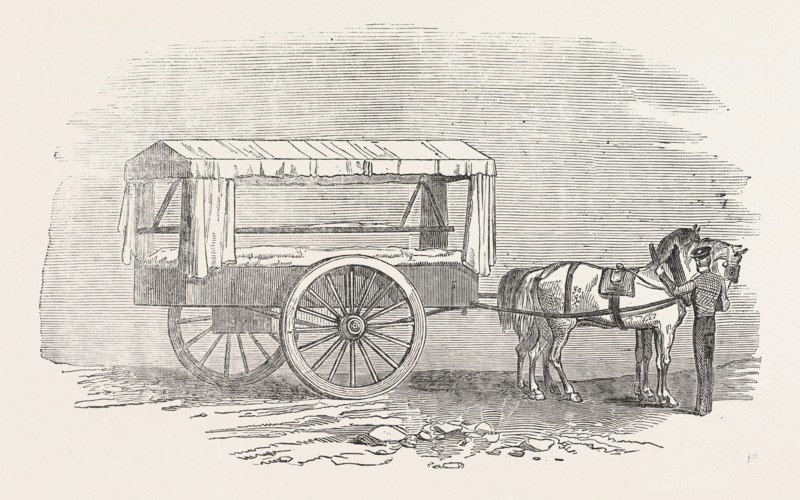 NEW AMBULANCE WITH THE ARMY IN THE EAST, 1854; The hospital cart or ambulance accompanying our troops for service in Turkey, is built after a plan recommended by Dr. Guthrie