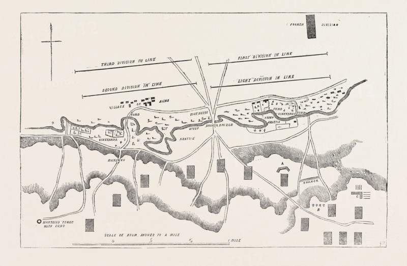 THE CRIMEAN WAR: OFFICIAL PLAN OF THE BATTLE OF THE ALMA, DISTRIBUTION OF THE BRITISH TROOPS AT THE COMMENCEMENT OF THE ACTION, 1854