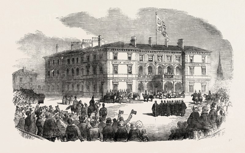 HER MAJESTY'S VISIT TO HULL AND GRIMSBY: THE QUEEN AT THE STATION HOTEL, AT HULL, 1854