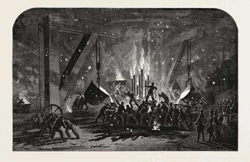 CASTING A MONSTER CYLINDER, AT MESSRS. SCOTT RUSSELL AND CO.'S BUILDING-YARD, MILLWALL, 1854. THE CYLINDER IS INTENDED FOR THE IRON STEAMSHIP BEING BUILT BY MESSRS. SCOTT RUSSELL AND CO., FOR THE EASTERN STEAM NAVIGATION COMPANY