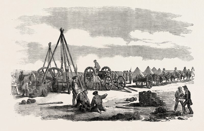 THE CRIMEAN WAR: SIEGE OF SEBASTOPOL: PREPARING A TRAIN FOR THE TRENCHES, 1854