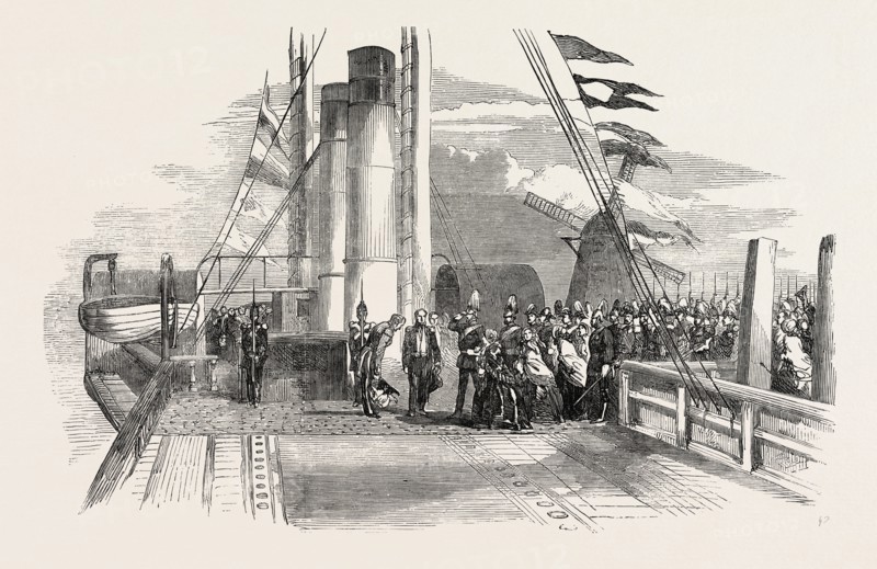 THE KING OF DENMARK VISITING MR. PETO ON BOARD THE CYGNUS., 1854