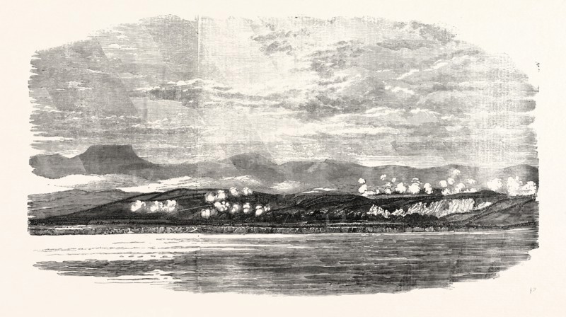 THE CRIMEAN WAR: BATTLE OF THE ALMA: SKETCHED FROM THE MIZEN-TOP OF H.M.S. RETRIBUTION, BY LIEUTENANT MONTAGU O'REILLY, 1854