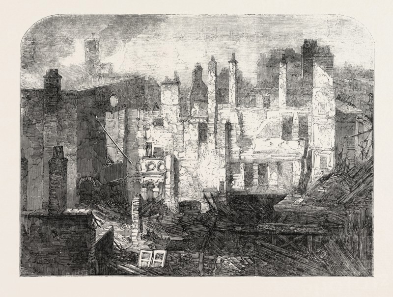 THE FIRE IN THE STRAND, REMAINS OF THE WHITTINGTON CLUB, AFTER THE FIRE, 1854, LONDON, UK