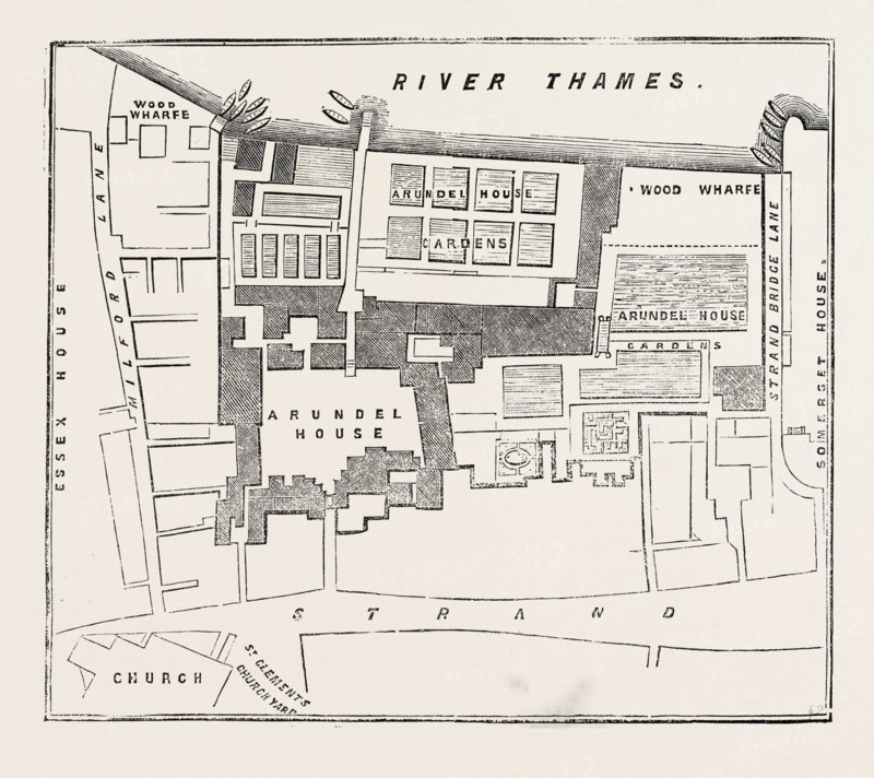 FIRE IN THE STRAND, SITE OF ARUNDEL HOUSE: GROUND-PLOT OF ARUNDEL ROUSE AND GARDENS. (THE DARK LINE ENCLOSES THE PREMISES.), LONDON, UK, 1854