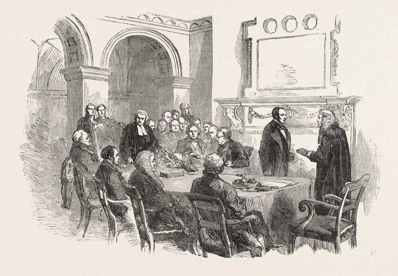 TRIAL OF THE PYX, AT THE OFFICE OF THE COMPTROLLER-GENERAL OF THE EXCHEQUER, WHITEHALL, LONDON, UK, 1854