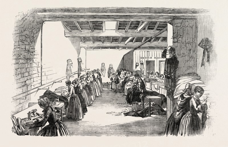 STEAM SEWING-MACHINES, 1854. A VIEW OF A PORTION OF THE MACHINE-ROOM IN MESSRS. HOLLOWAY AND CO.'S FACTORY