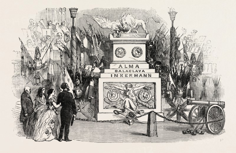 GRAND MILITARY TROPHY, AT THE CONCERTS FOR THE BENEFIT OF THE PATRIOTIC FUND, IN THE TOWN-HALL, BIRMINGHAM, 1854