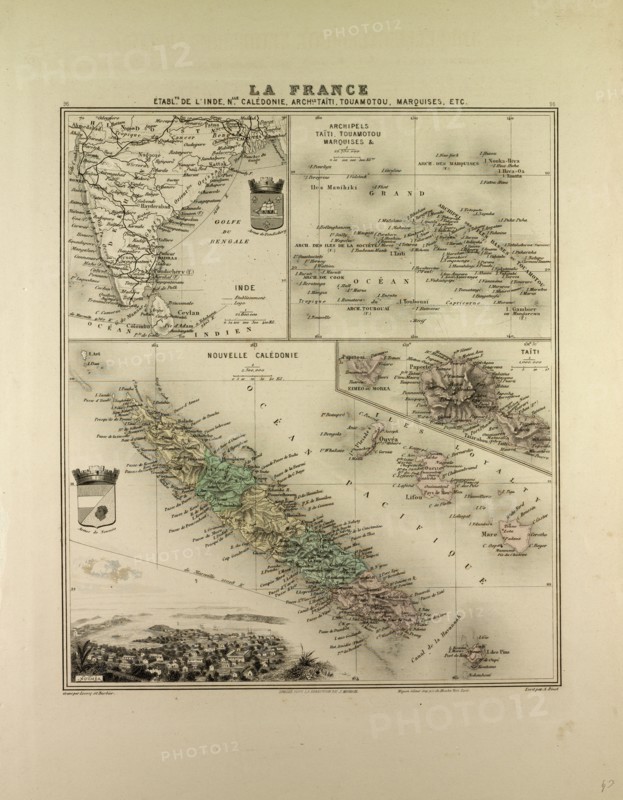 MAP OF INDIA, NEW CALEDONIA, TAHITI, TUAMOTU ARCHIPELAGO, MARQUESAS ISLANDS, 1896