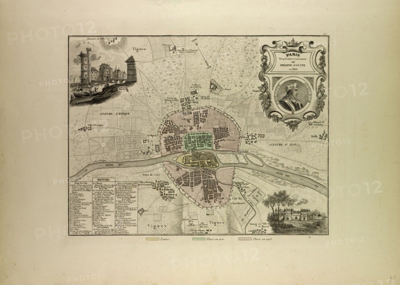 MAP OF PARIS IN 1180, FRANCE