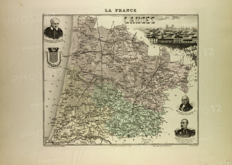 MAP OF LANDES, 1896, FRANCE