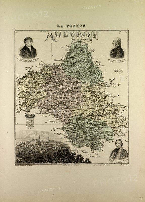 MAP OF AVEYRON, 1896, FRANCE