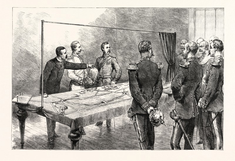 THE EMPEROR OF GERMANY INSPECTING THE NEW ENGLISH WAR GAME, INVENTED BY DR. GRIFFITH, AT THE KRIEGSAKADAMIE, BERLIN, GERMANY