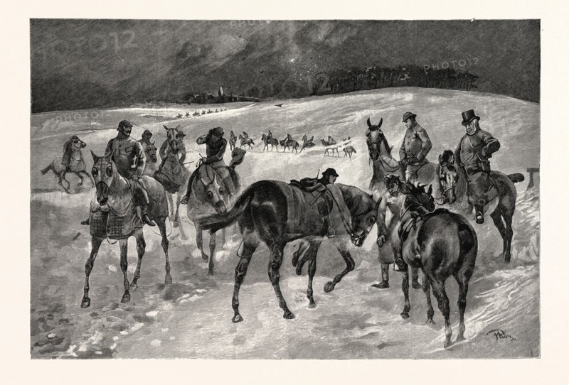 A WINTRY MORNING ON NEWMARKET HEATH: INSPECTING THE THOROUGHBREDS WHILST AT MORNING EXERCISE, 1891