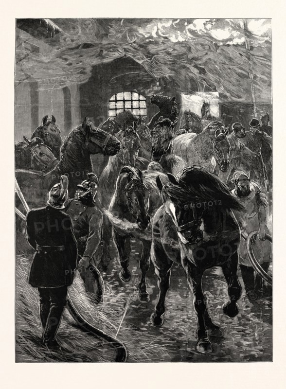 SAVING THE HORSES, A SCENE AT THE FIRE AT SOUTHWARK, LONDON, UK