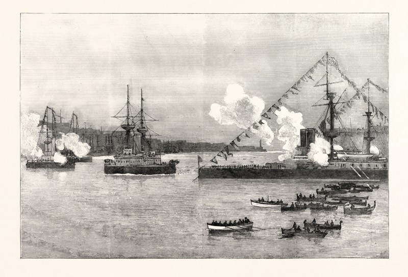 THE ARRIVAL OF THE DUKE OF CAMBRIDGE ON BOARD H.M.S. EDINBURGH AT MALTA, THE MEDITERRANEAN SQUADRON FIRING A SALUTE