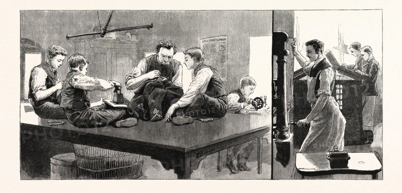 THE ANNIVERSARY OF THE LITTLE BOYS' HOMES AT FARNINGHAM AND SWANLEY, THE HOME AT FARNINGHAM: THE TAILORS' SHOP (LEFT), THE COMPOSING ROOM (RIGHT), UK