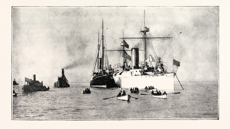 THE U.S. CRUISER CHARLESTON RECEIVING ON BOARD THE KING OF HAWAII'S BODY IN SAN FRANCISCO HARBOUR FOR CONVEYANCE TO HONOLULU