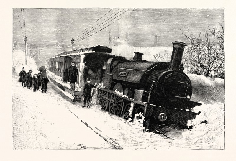 THE GREAT SNOWSTORM: THE FLYING DUTCHMAN OFF THE LINE AND IN A SNOW-DRIFT NEAR CAMBORNE IN CORNWALL, UK