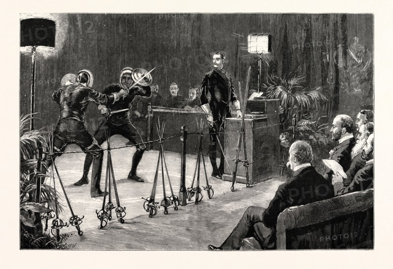 THE STORY OF SWORDSMANSHIP, BY CAPTAIN EGERTON CASTLE, AT THE LYCEUM THEATRE: CAPTAIN A. HUTTON AND DR. MOUATT BIGGS SHOWING OLD ENGLISH SWORD-AND-BUCKLER PLAY BEFORE THE PRINCE OF WALES