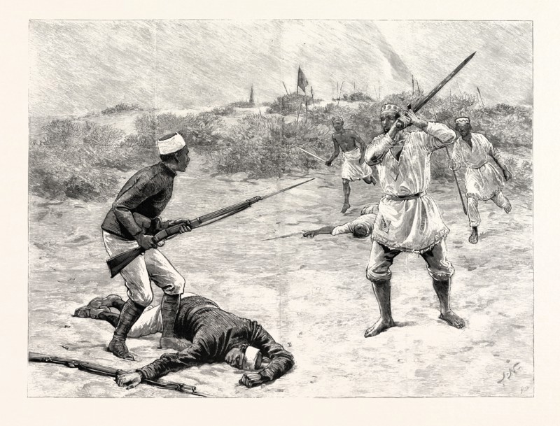THE BATTLE OF TOKAR, EASTERN SOUDAN: A PRIVATE OF THE TWELFTH SOUDANESE REGIMENT DEFENDING HIS WOUNDED COMRADE