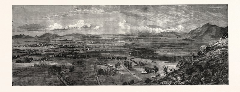 THE DISASTER TO BRITISH TROOPS IN MANIPUR, NORTHERN INDIA, THE SCENE OF THE FIGHTING: GENERAL VIEW OF THE MANIPUR VALLEY LOOKING SOUTH FROM THE EXTREME EDGE OF SPUR FROM LANGOL TILA NEAR THE LAMPHEL MARSH