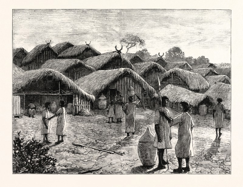 CLUSTER OF HUTS AT THE NATIVE VILLAGE OF KOHIMA, INDIA