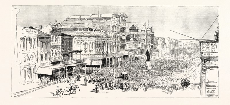 THE MASS MEETING AT THE STATUE OF HENRY CLAY, IN CANAL STREET, AT WHICH IT WAS DECIDED TO AVENGE HENNESSY'S MURDER, NEW ORLEANS