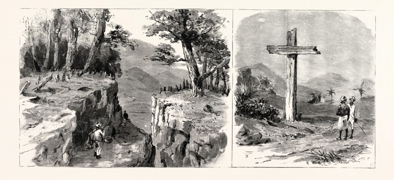 GENERAL WOLSELEY'S EXPEDITION AGAINST THE TSAWBWA OF WUNTHO, UPPER BURMA: Interior of Stockade at the Top of the Nankin Pass, 2,500 feet above the Sea, Captured by Major Smythe's Column (LEFT), The Tsawbwa's Preparations for Prisoners (RIGHT)