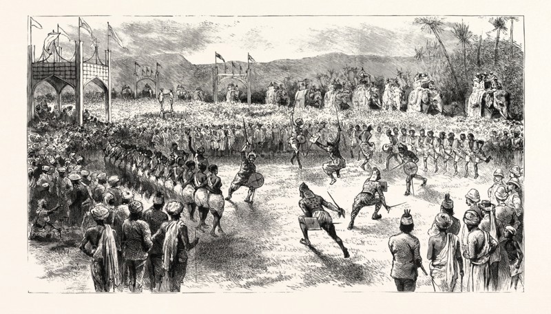 OPENING OF THE BENGAL-NAGPUR RAILWAY BY HIS EXCELLENCY THE VICEROY OF INDIA: VILLAGE DANCE OF THE KOLES AND WAR DANCE PERFORMED SIMULTANEOUSLY IN THE EVENING BY THE RETAINERS OF ONE OF THE NATIVE CHIEFTAINS