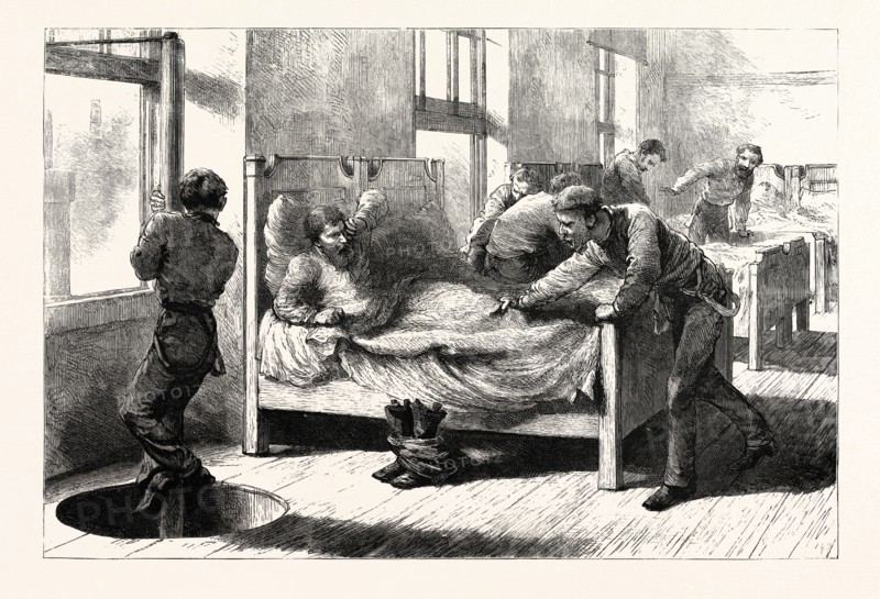 THE RECENT FIRE IN CHICAGO, A SCENE IN THE FIREMEN'S BEDROOM: The Firemen Sleep above the Engine Room, and when a Call comes Slide down the Pole on to the Engine beneath without losing a moment. USA